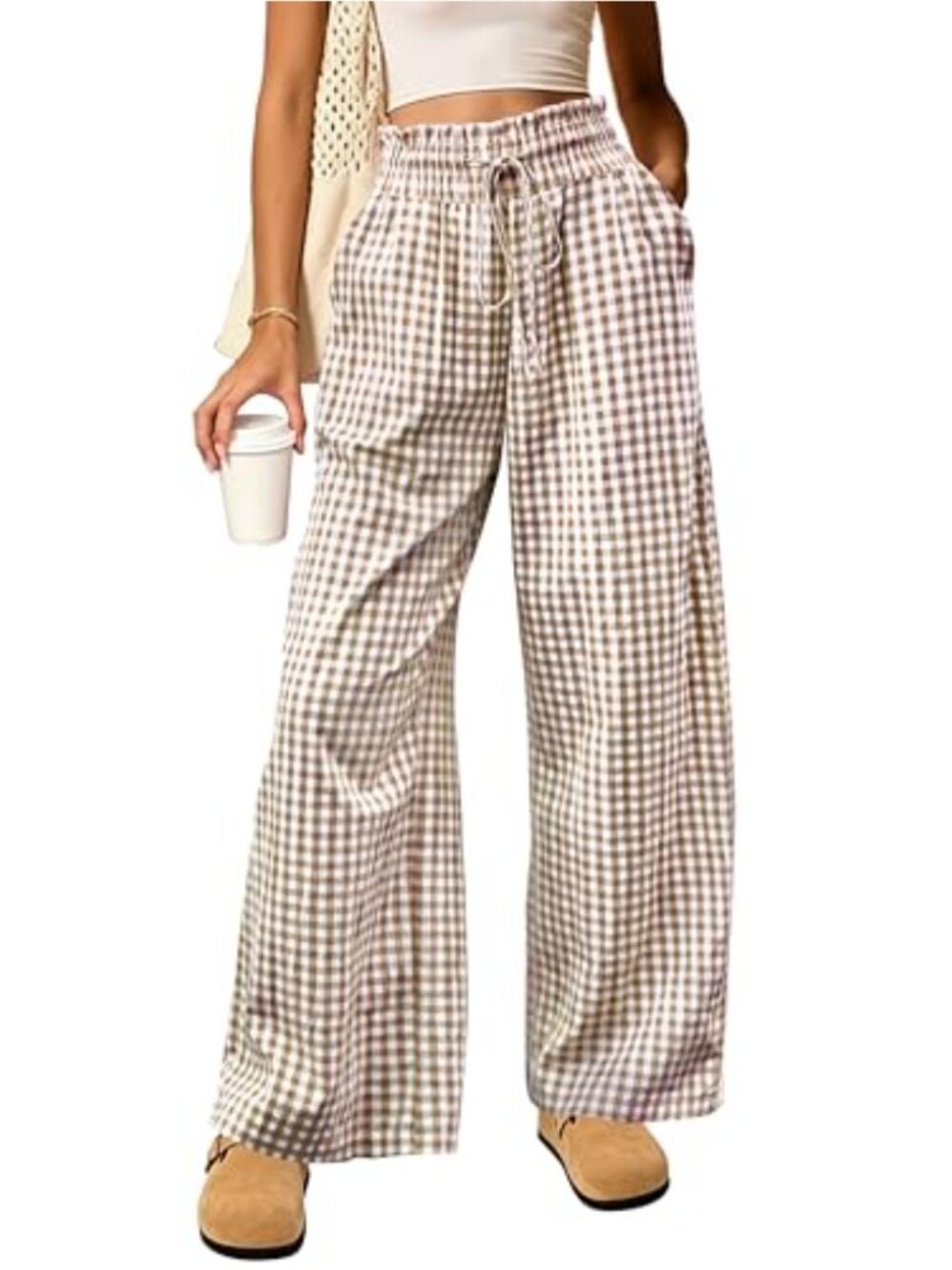 Womens 100% Cotton Gingham Wide Leg Lounge Pants with Pockets